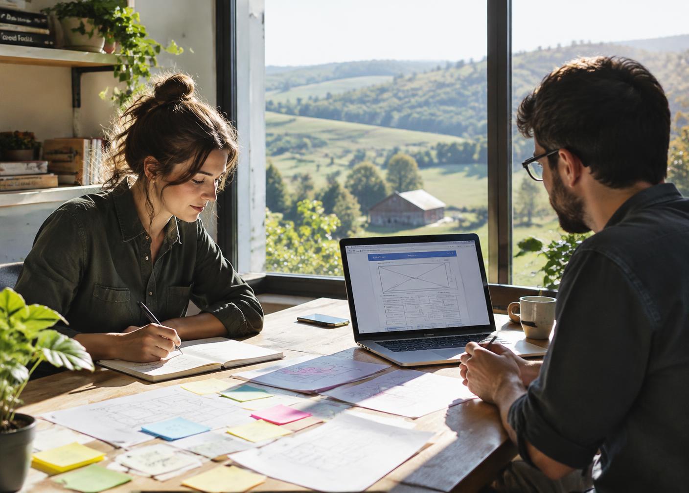 Two people planning a website together at a sunny table with sketches and sticky notes, rolling hills outside the window